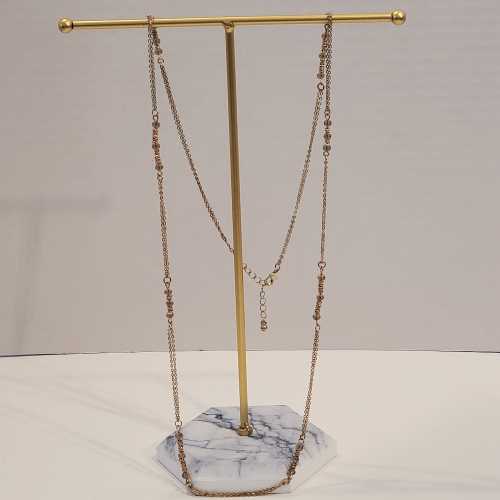 Gold-tone Double Chain Necklace with Smokey Topaz Crystals